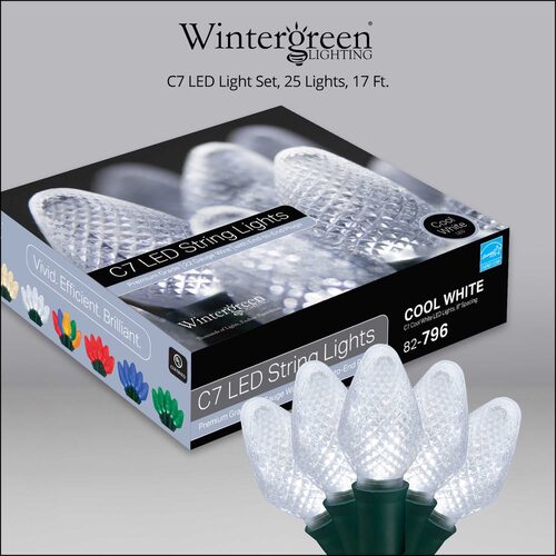 25 C7 Cool White LED Christmas Lights, Green Wire, 8" Spacing