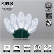 25 C7 Cool White LED Christmas Lights, Green Wire, 8" Spacing
