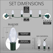 25 C7 Cool White LED Christmas Lights, Green Wire, 8" Spacing