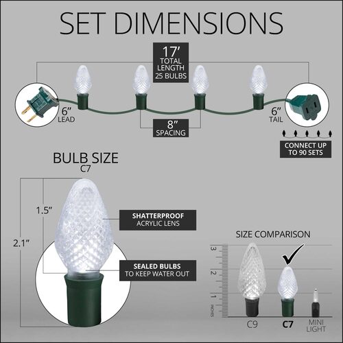 25 C7 Cool White LED Christmas Lights, Green Wire, 8" Spacing