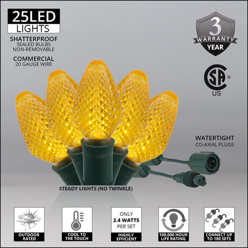 25 C7 Gold Commercial LED Lights, Green Wire, 12" Spacing