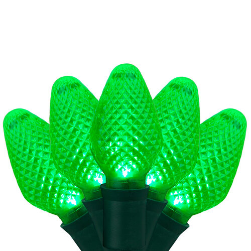 25 C7 Green LED Christmas Lights, Green Wire, 8" Spacing