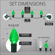 25 C7 Green LED Christmas Lights, Green Wire, 8" Spacing