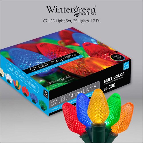 25 C7 Multi Color LED Christmas Lights, Green Wire, 8" Spacing