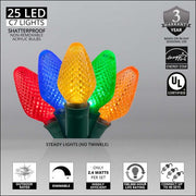 25 C7 Multi Color LED Christmas Lights, Green Wire, 8" Spacing