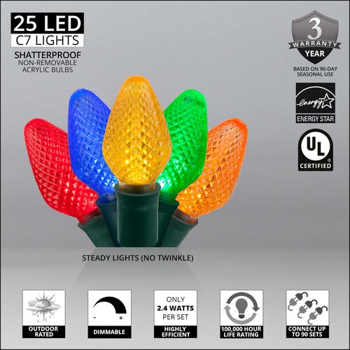 25 C7 Multi Color LED Christmas Lights, Green Wire, 8" Spacing