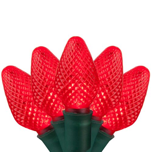 25 C7 Red LED Christmas Lights, Green Wire, 8" Spacing