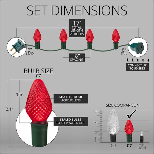 25 C7 Red LED Christmas Lights, Green Wire, 8" Spacing