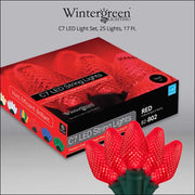 25 C7 Red LED Christmas Lights, Green Wire, 8" Spacing