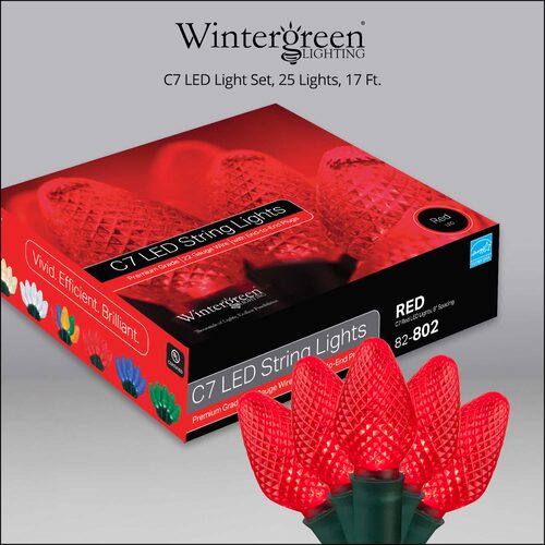 25 C7 Red LED Christmas Lights, Green Wire, 8" Spacing