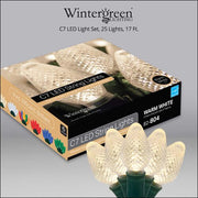 25 C7 Warm White LED Christmas Lights, Green Wire, 8" Spacing