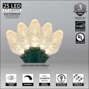 25 C7 Warm White LED Christmas Lights, Green Wire, 8" Spacing