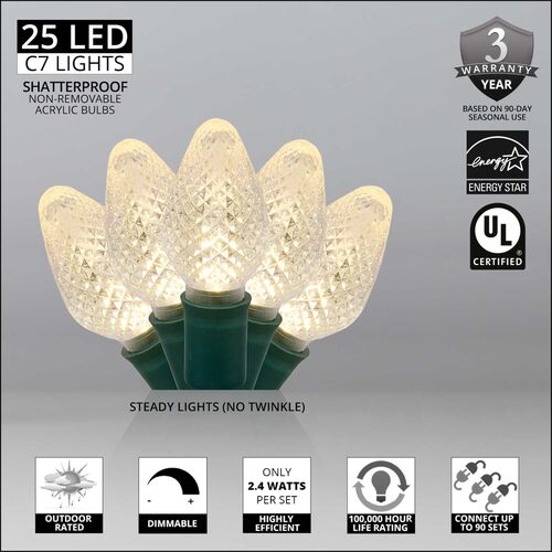 25 C7 Warm White LED Christmas Lights, Green Wire, 8" Spacing