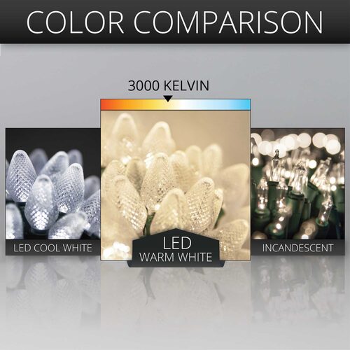 25 C7 Warm White LED Christmas Lights, Green Wire, 8" Spacing