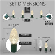 25 C7 Warm White LED Christmas Lights, Green Wire, 8" Spacing