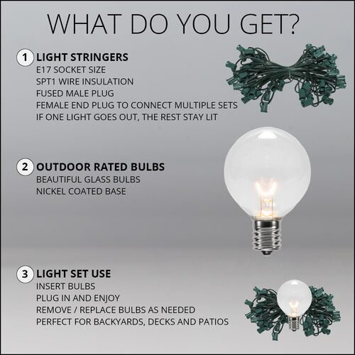 Commercial Clear Patio String Light Set with G50 Bulbs on Green Wire, E17 Base