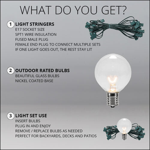 Commercial Clear Patio String Light Set with G50 Bulbs on Green Wire, E17 Base
