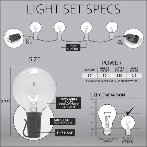 Commercial Clear Patio String Light Set with G50 Bulbs on Green Wire, E17 Base