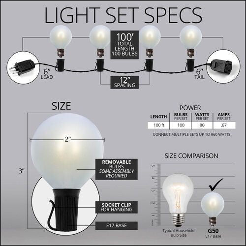 Cool White FlexFilament TM Satin LED Patio String Light Set with G50 Bulbs on Black Wire, E17 Base