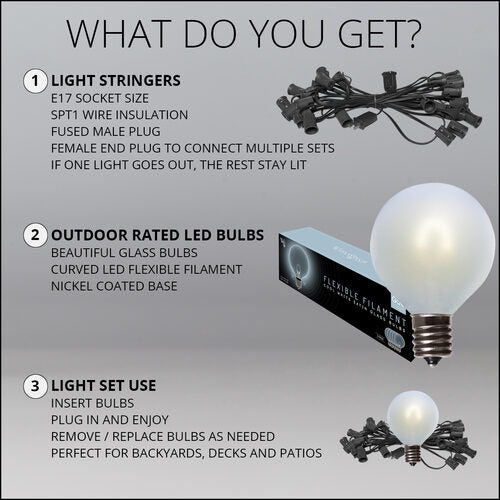 Cool White FlexFilament TM Satin LED Patio String Light Set with G50 Bulbs on Black Wire, E17 Base