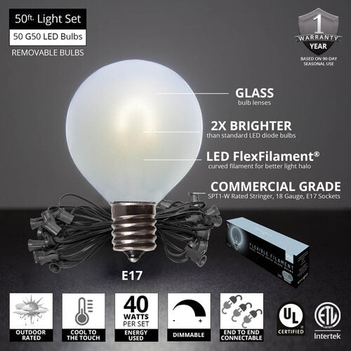 Cool White FlexFilament TM Satin LED Patio String Light Set with G50 Bulbs on Black Wire, E17 Base