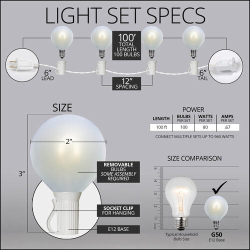 Cool White FlexFilament TM Satin LED Patio String Light Set with G50 Bulbs on White Wire, E12 Base