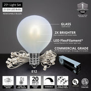 Cool White FlexFilament TM Satin LED Patio String Light Set with G50 Bulbs on White Wire, E12 Base