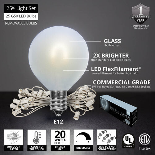 Cool White FlexFilament TM Satin LED Patio String Light Set with G50 Bulbs on White Wire, E12 Base