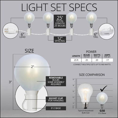 Cool White FlexFilament TM Satin LED Patio String Light Set with G50 Bulbs on White Wire, E12 Base