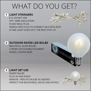 Cool White FlexFilament TM Satin LED Patio String Light Set with G50 Bulbs on White Wire, E12 Base