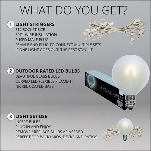 Cool White FlexFilament TM Satin LED Patio String Light Set with G50 Bulbs on White Wire, E12 Base