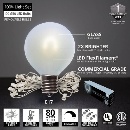 Cool White FlexFilament TM Satin LED Patio String Light Set with G50 Bulbs on White Wire, E17 Base