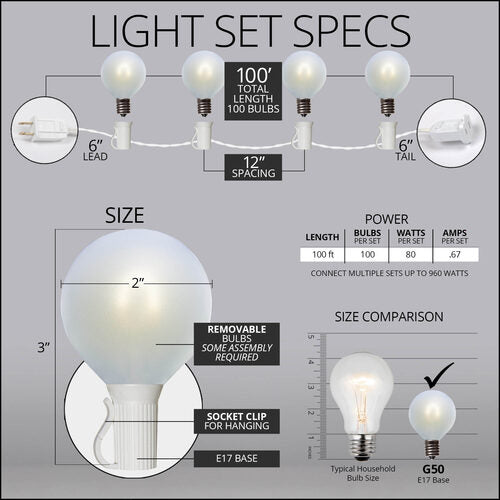 Cool White FlexFilament TM Satin LED Patio String Light Set with G50 Bulbs on White Wire, E17 Base