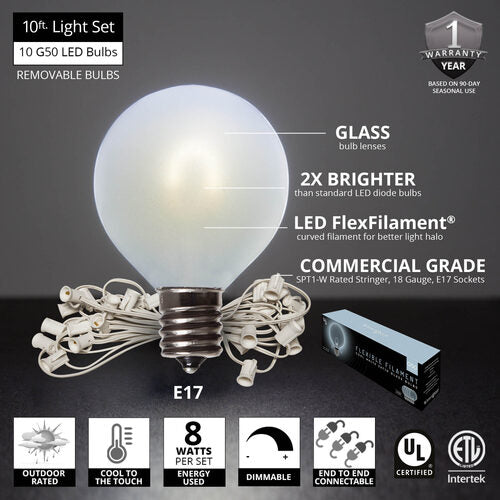 Cool White FlexFilament TM Satin LED Patio String Light Set with G50 Bulbs on White Wire, E17 Base