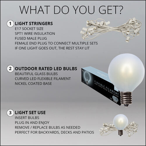 Cool White FlexFilament TM Satin LED Patio String Light Set with G50 Bulbs on White Wire, E17 Base