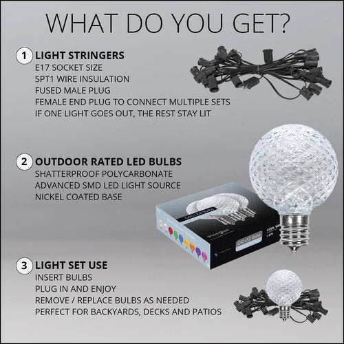 Cool White OptiCore LED Patio String Light Set with G50 Bulbs on Black Wire, E17 Base
