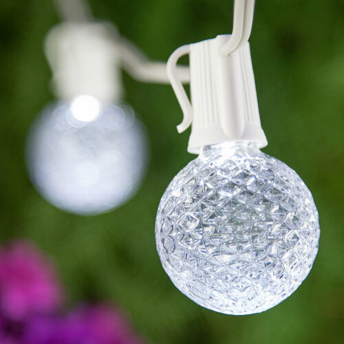 Cool White OptiCore LED Patio String Light Set with G50 Bulbs on White Wire, E17 Base