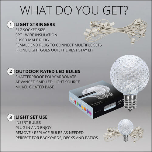 Cool White OptiCore LED Patio String Light Set with G50 Bulbs on White Wire, E17 Base