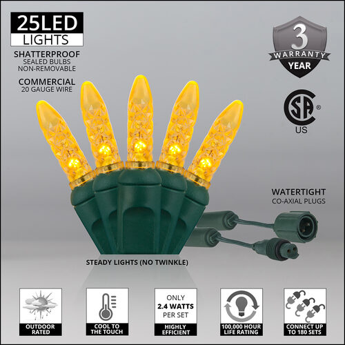 25 M5 Gold Commercial LED Lights, Green Wire, 4" Spacing