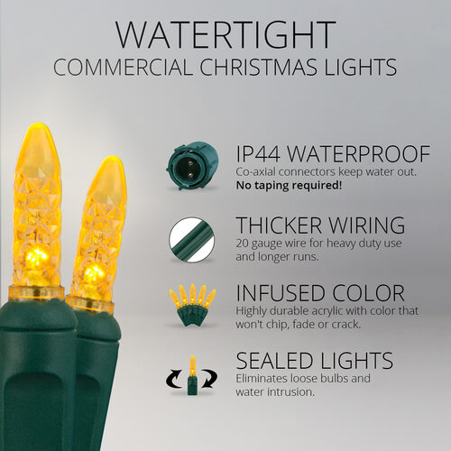 25 M5 Gold Commercial LED Lights, Green Wire, 4" Spacing