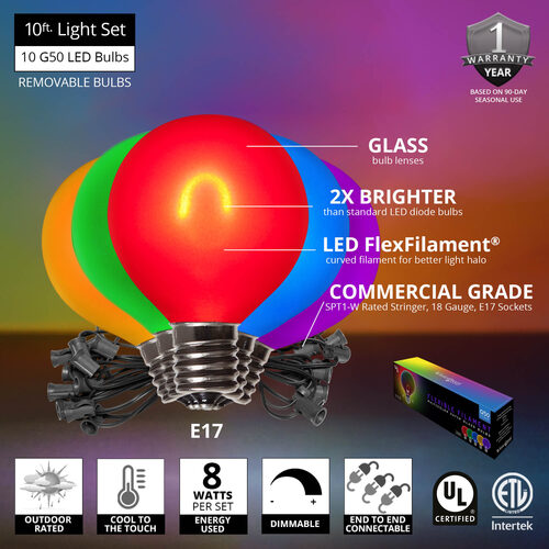 Multicolor FlexFilament TM Satin LED Patio String Light Set with G50 Bulbs on Black Wire, E17 Base