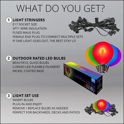 Multicolor FlexFilament TM Satin LED Patio String Light Set with G50 Bulbs on Black Wire, E17 Base