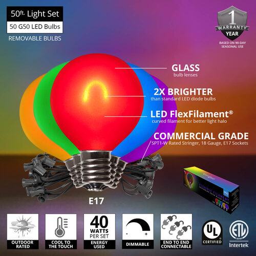 Multicolor FlexFilament TM Satin LED Patio String Light Set with G50 Bulbs on Black Wire, E17 Base