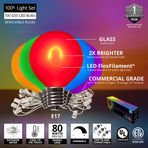 Multicolor FlexFilament TM Satin LED Patio String Light Set with G50 Bulbs on White Wire, E17 Base