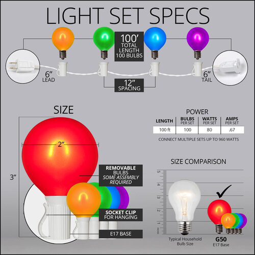 Multicolor FlexFilament TM Satin LED Patio String Light Set with G50 Bulbs on White Wire, E17 Base