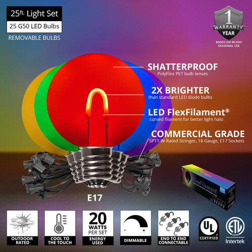Multicolor FlexFilament TM Shatterproof LED Patio String Light Set with G50 Bulbs on Black Wire, E17 Base