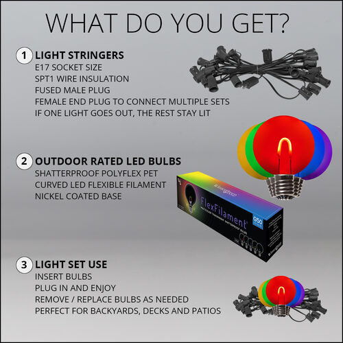 Multicolor FlexFilament TM Shatterproof LED Patio String Light Set with G50 Bulbs on Black Wire, E17 Base