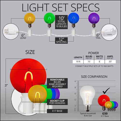 Multicolor FlexFilament TM Shatterproof LED Patio String Light Set with G50 Bulbs on White Wire, E17 Base