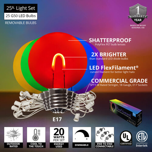 Multicolor FlexFilament TM Shatterproof LED Patio String Light Set with G50 Bulbs on White Wire, E17 Base