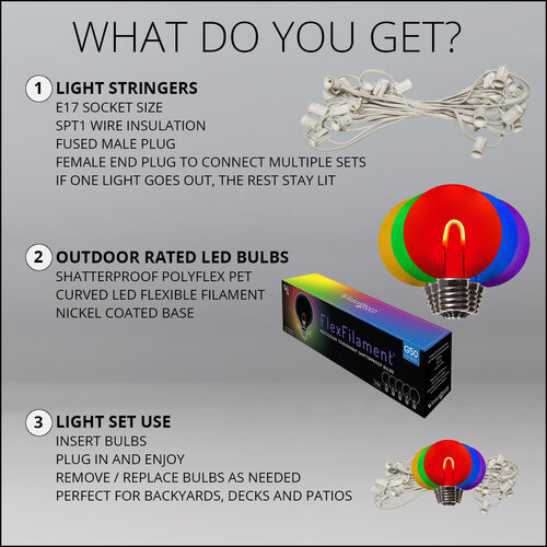 Multicolor FlexFilament TM Shatterproof LED Patio String Light Set with G50 Bulbs on White Wire, E17 Base